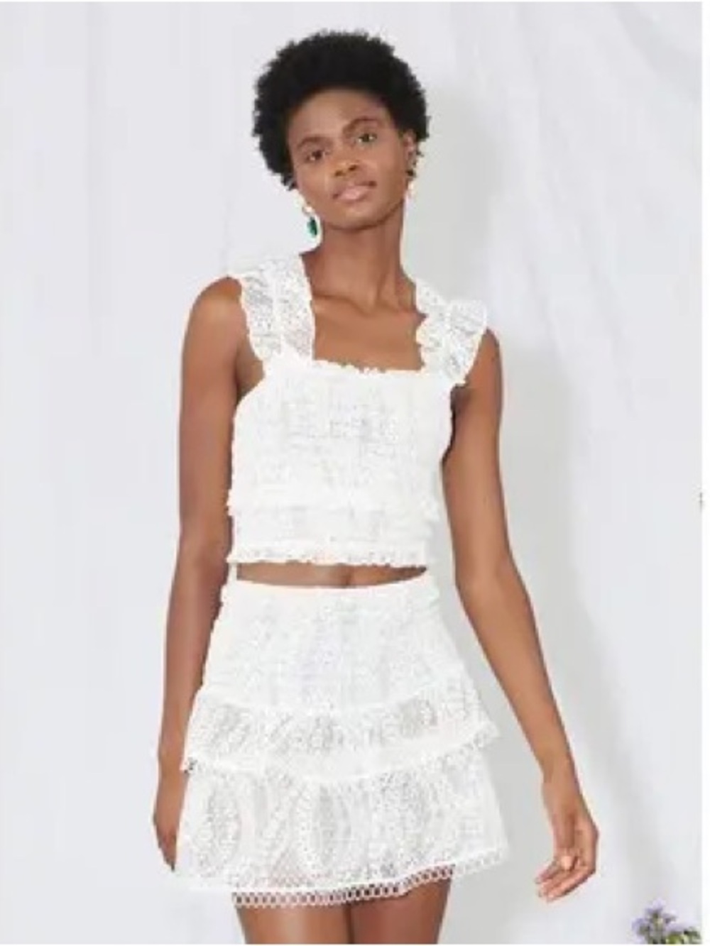 Saylor Celina Lace Two Piece Set Crop Top Mini Skirt White/Ivory Sz S Stretch